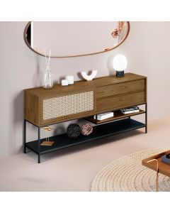 Buffet Aparador para Sala de Jantar com Tela Agnes 2 Gavetas em Madeira Maciça Castanho Metal Preto