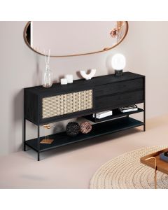Buffet Aparador para Sala de Jantar com Tela Agnes 2 Gavetas em Madeira Maciça Ébano Metal Preto
