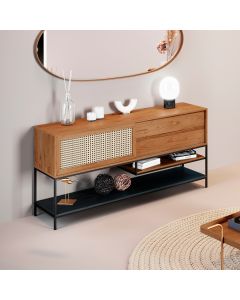 Buffet Aparador para Sala de Jantar com Tela Agnes 2 Gavetas em Madeira Maciça Mel Metal Preto